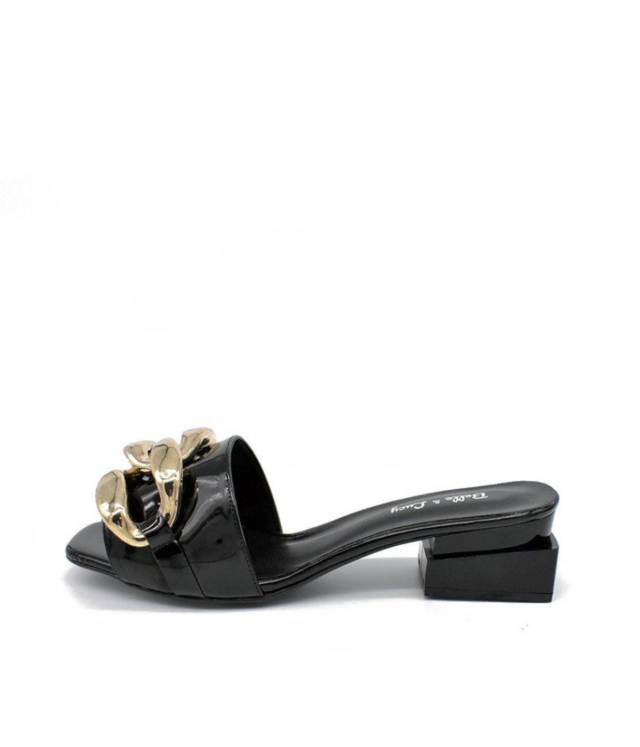 Belle & Lucy Fashionable Black Patent Link Detail Mules Hot