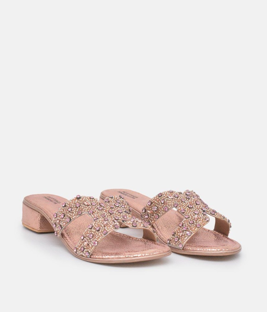 Bottega Bottega Rose Gold Leather Embellished Slip On Sandal New