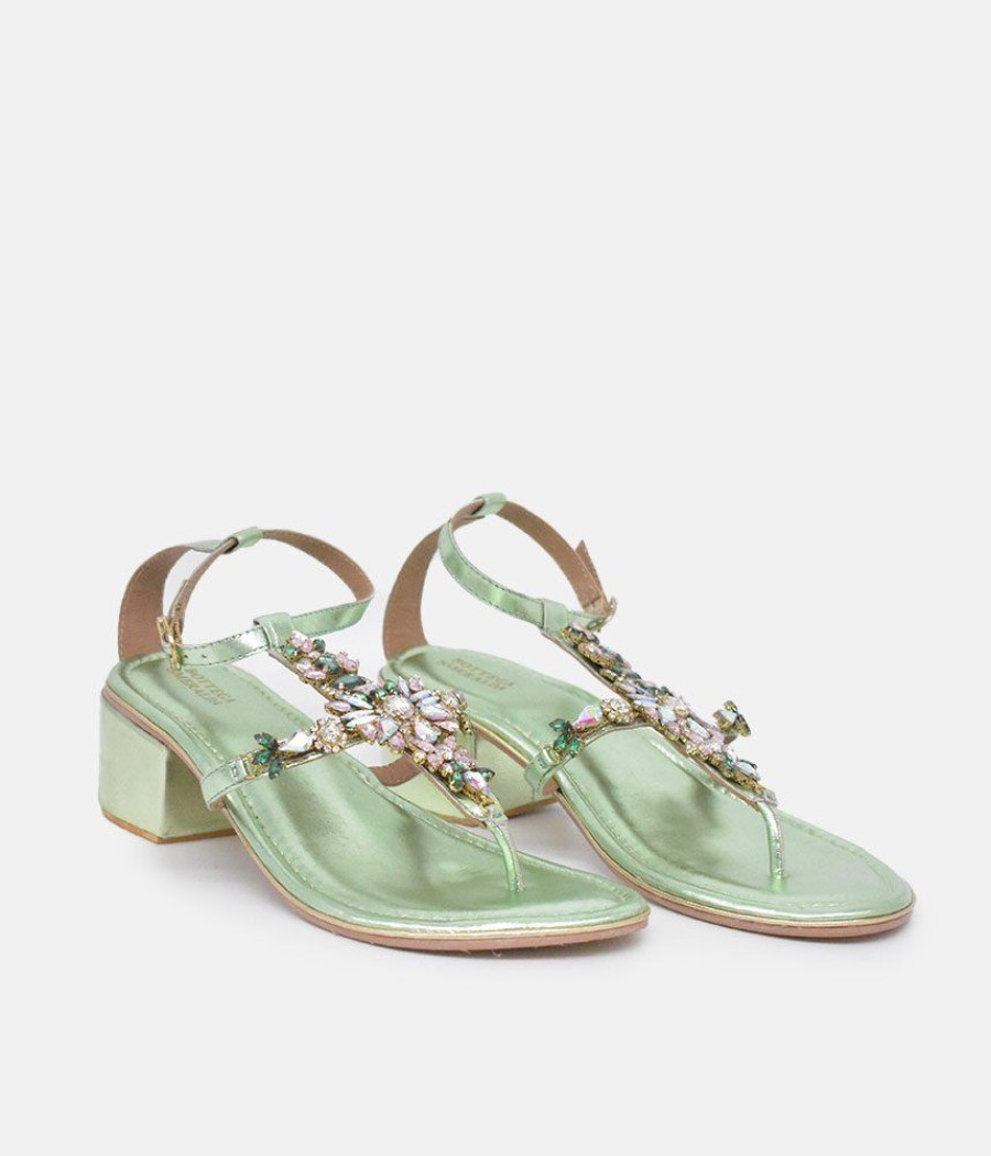 Bottega Bottega Metallic Green Embellished Block Heel Sandal Hot