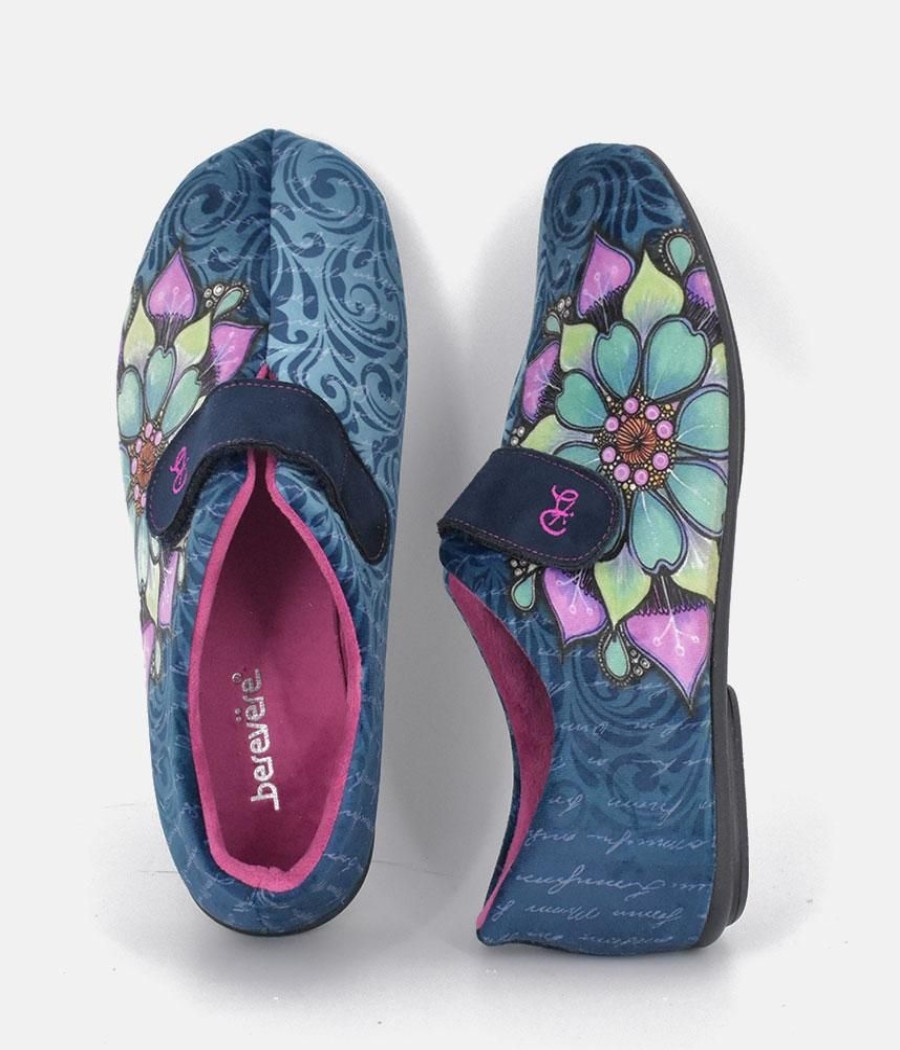 Berevere Pretty Navy Floral Slippers With Velcro Strap Online