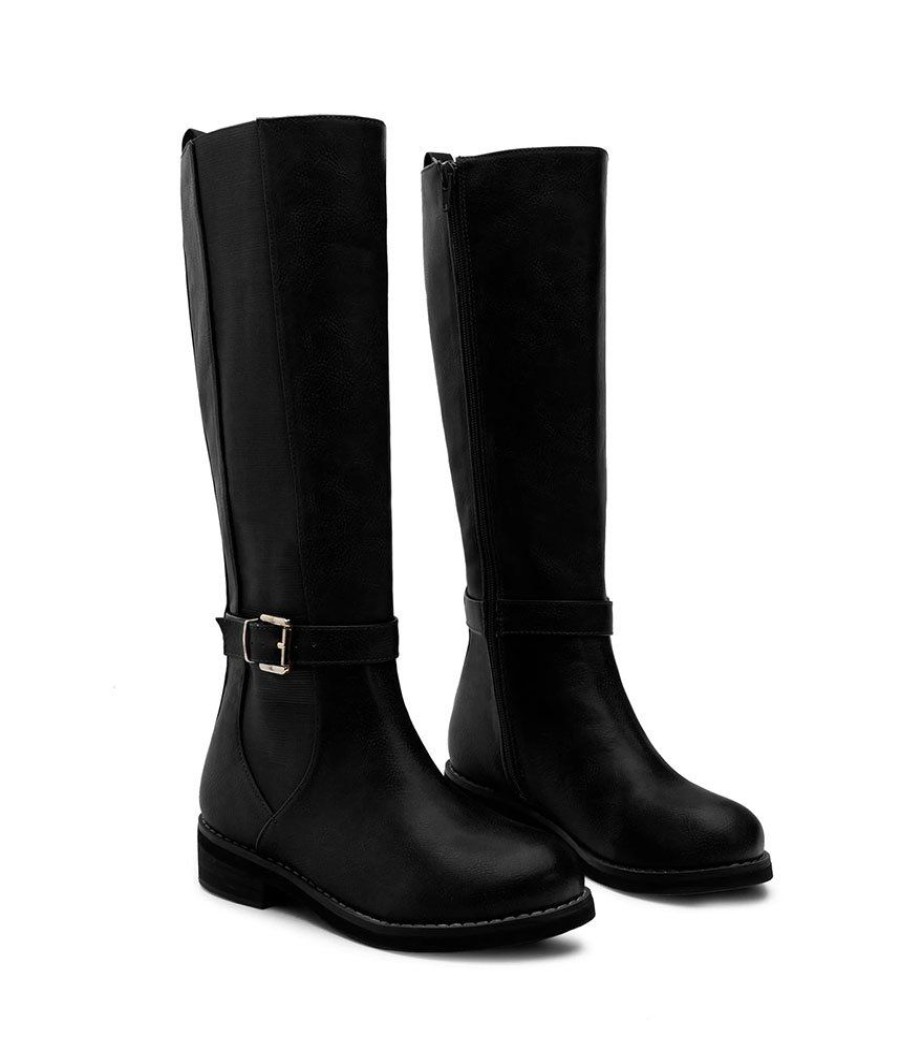 Andres Machado Black Faux Soft Leather Long Boot With Gold Buckle Hot