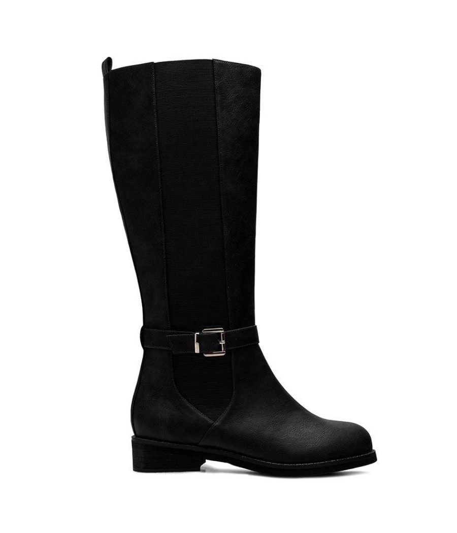 Andres Machado Black Faux Soft Leather Long Boot With Gold Buckle Hot