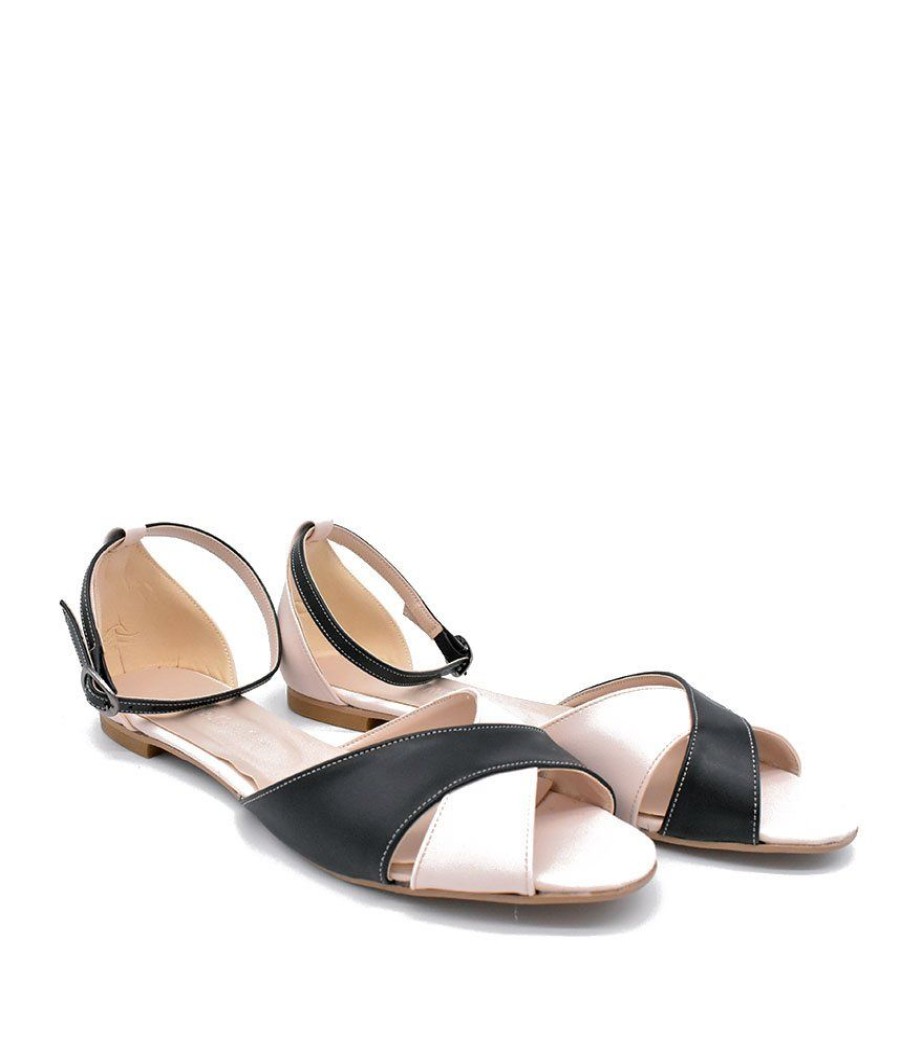 Belle & Lucy Stylish Black/Beige Ankle Strap Peep Toe Flats Wholesale