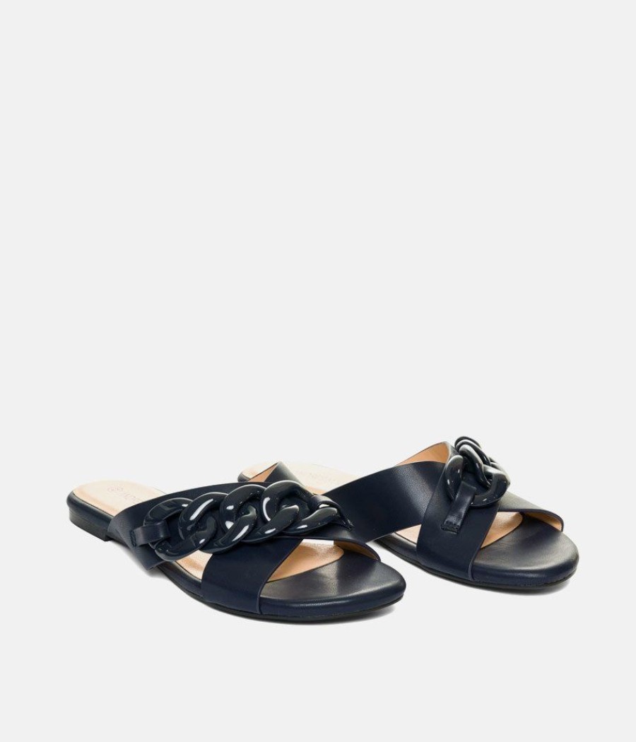 Andres Machado Stylish Navy Link Detail Mule Sandals New