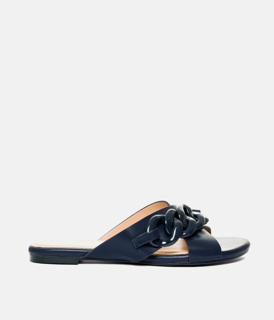 Andres Machado Stylish Navy Link Detail Mule Sandals New