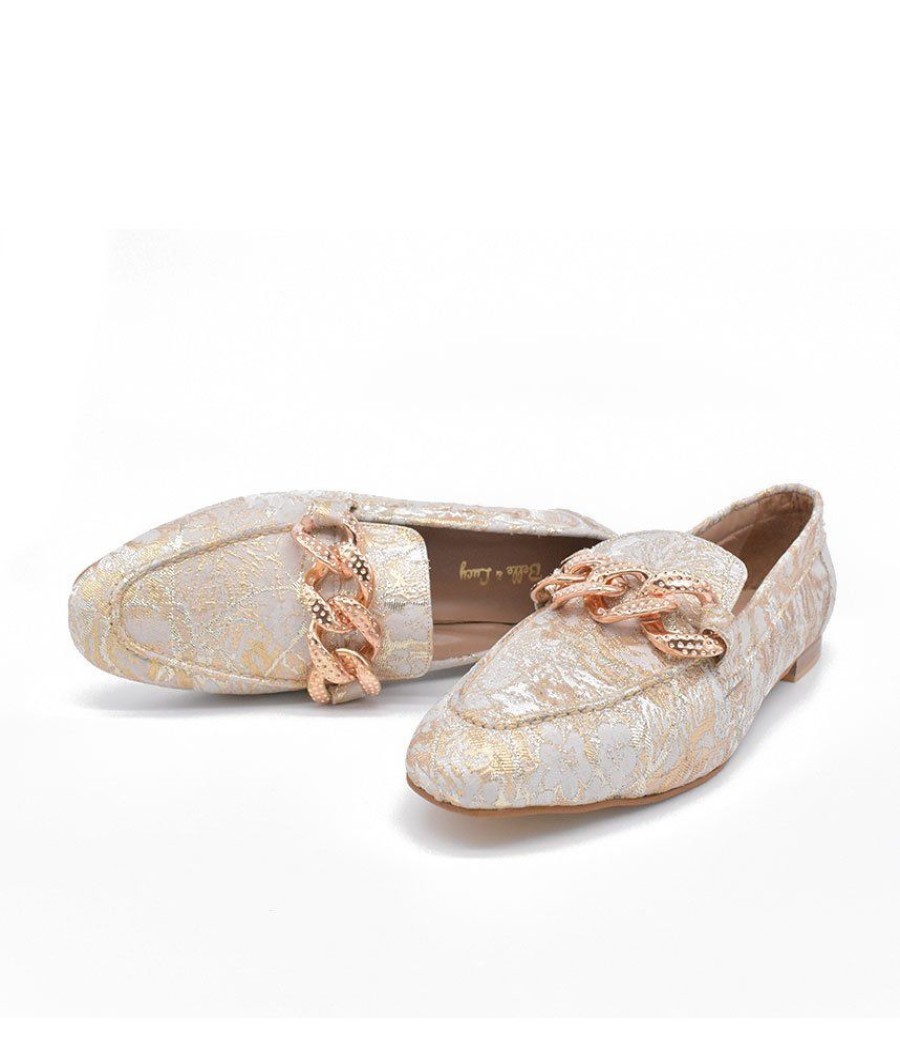 Belle & Lucy Stylish Beige And Gold Link Loafer Clearance