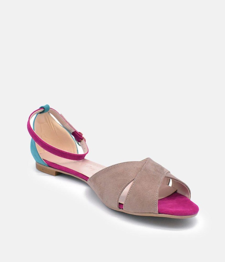 Belle & Lucy Stylish Beige/Blue/Fuscia Ankle Strap Peep Toe Flats Best