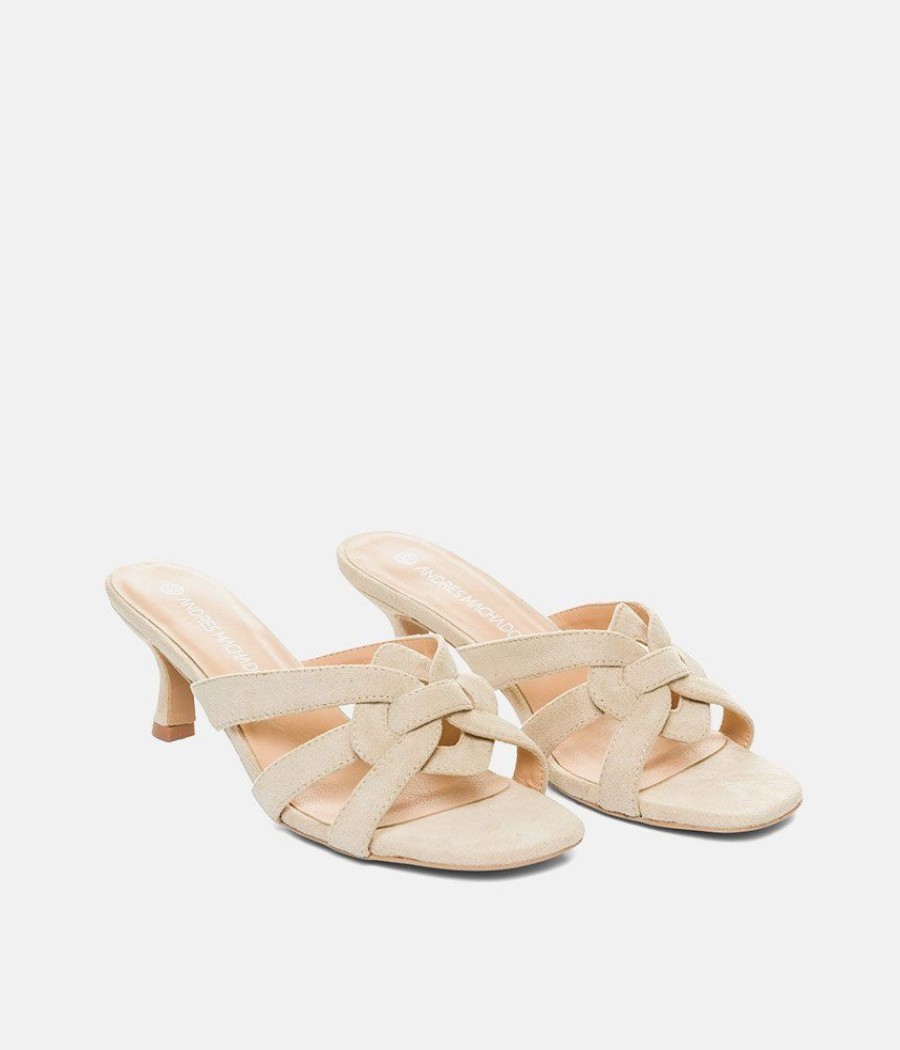 Andres Machado Chic Cream Suedette Heeled Mule Sandals Wholesale