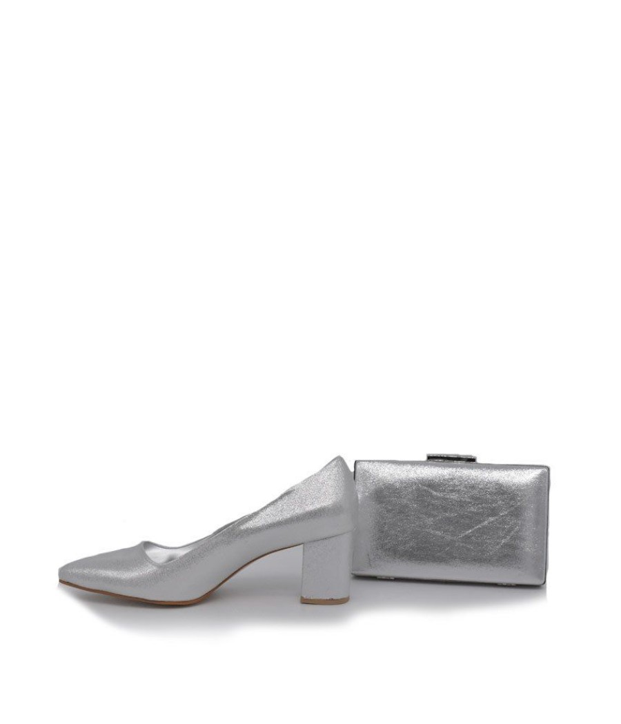 Belle & Lucy Stylish Silver Block Heels And Matching Bag Hot