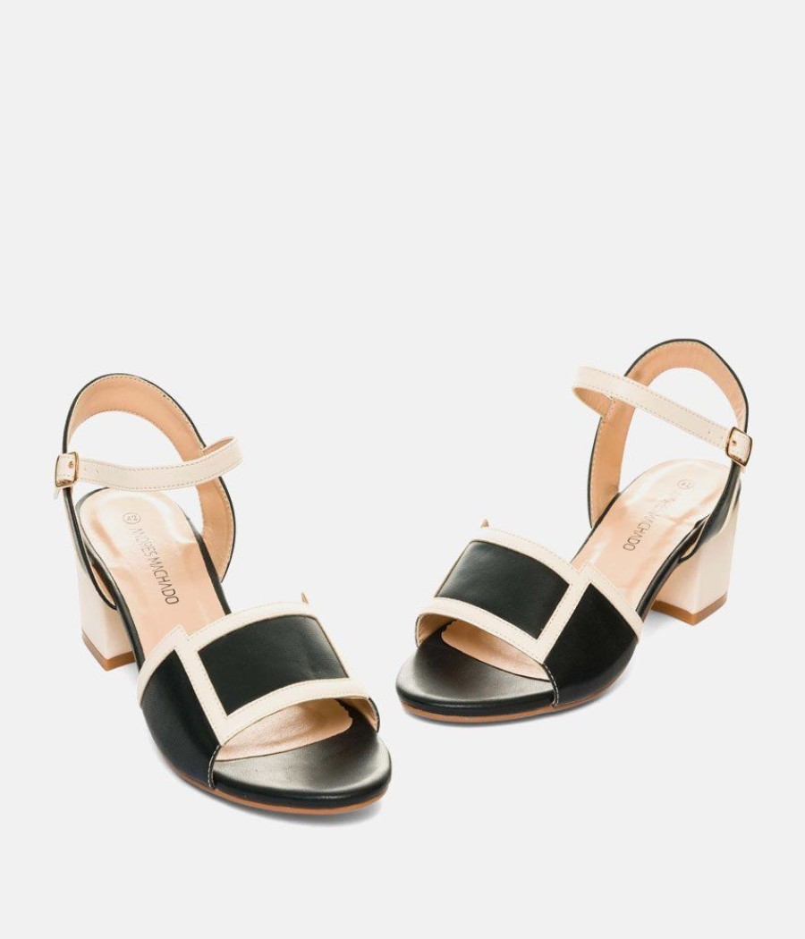 Andres Machado Pretty Black/Cream Block Heel Sandals Online