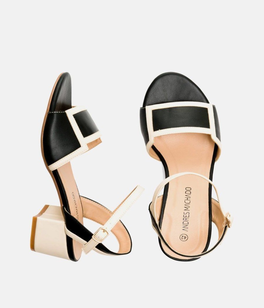 Andres Machado Pretty Black/Cream Block Heel Sandals Online