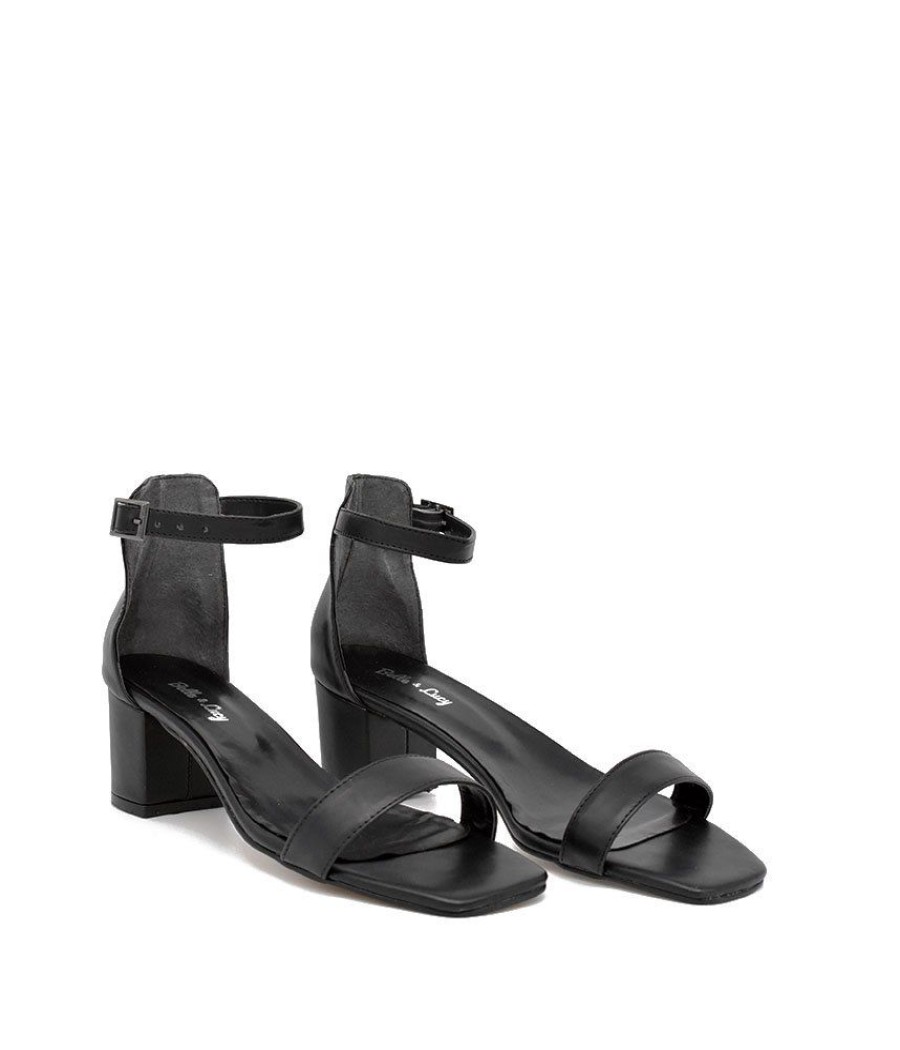 Belle & Lucy Barely There Black Leather Block Heels Hot