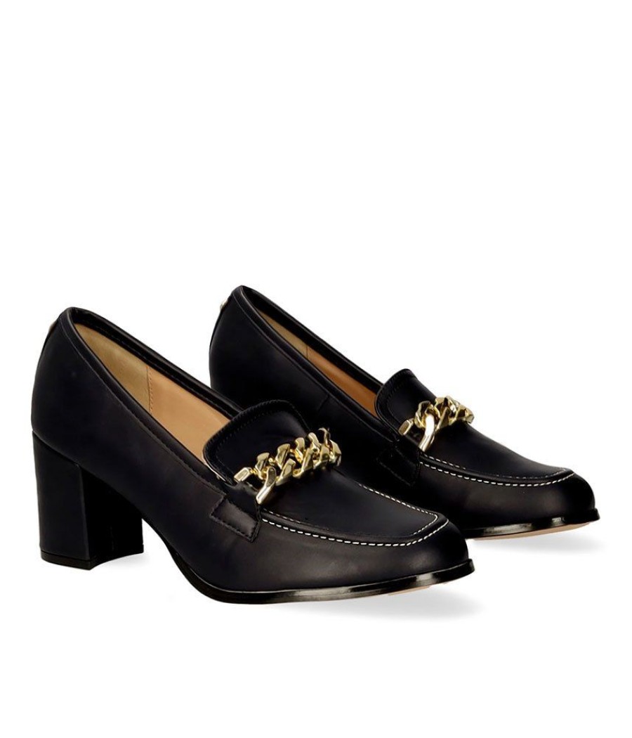 Andres Machado Chic Black Heeled Loafer With Gold Chain Link Clearance