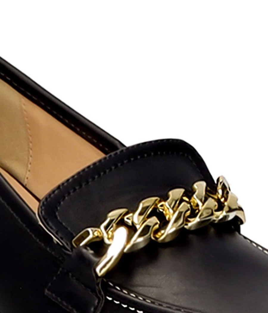 Andres Machado Chic Black Heeled Loafer With Gold Chain Link Clearance