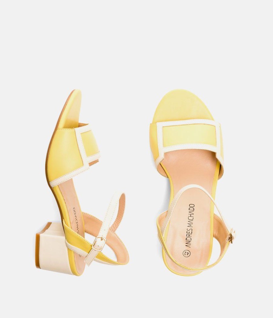 Andres Machado Pretty Sunshine Yellow/Cream Block Heel Sandals Online