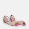 Belle & Lucy Stylish Beige/Blue/Fuscia Ankle Strap Peep Toe Flats Clearance