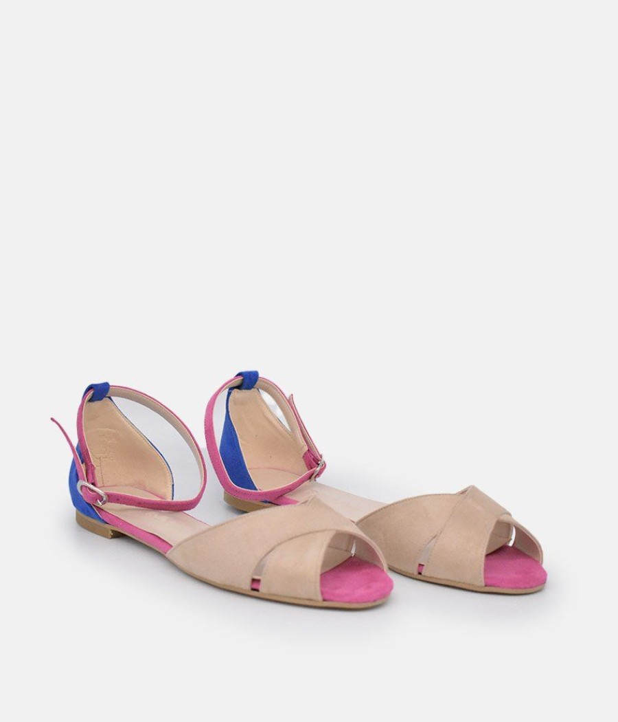 Belle & Lucy Stylish Beige/Blue/Fuscia Ankle Strap Peep Toe Flats Clearance