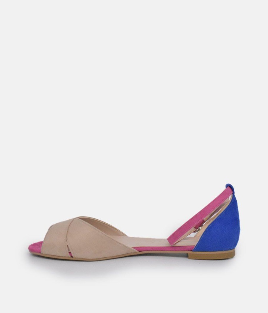 Belle & Lucy Stylish Beige/Blue/Fuscia Ankle Strap Peep Toe Flats Clearance